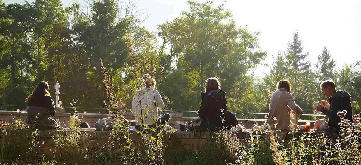 Grup de oameni meditând împreună, în natură